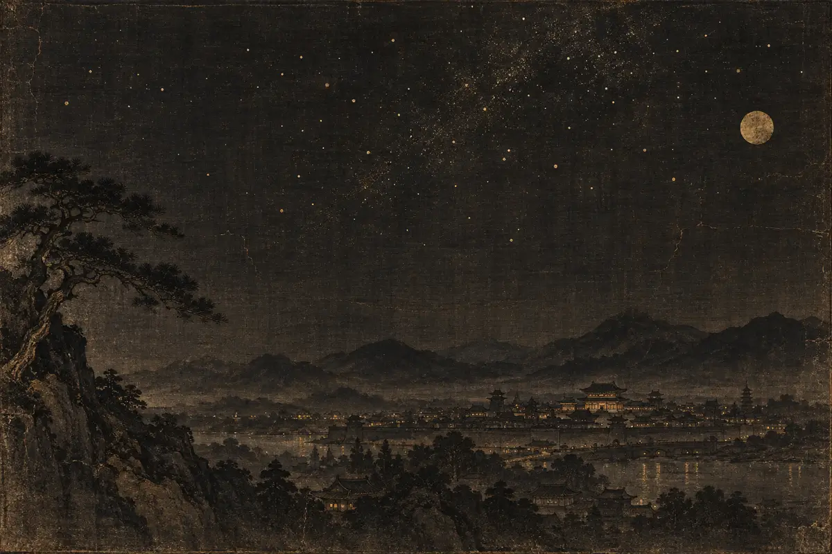 丘から見下ろした夜の古い都と、星に満ちた空の絵