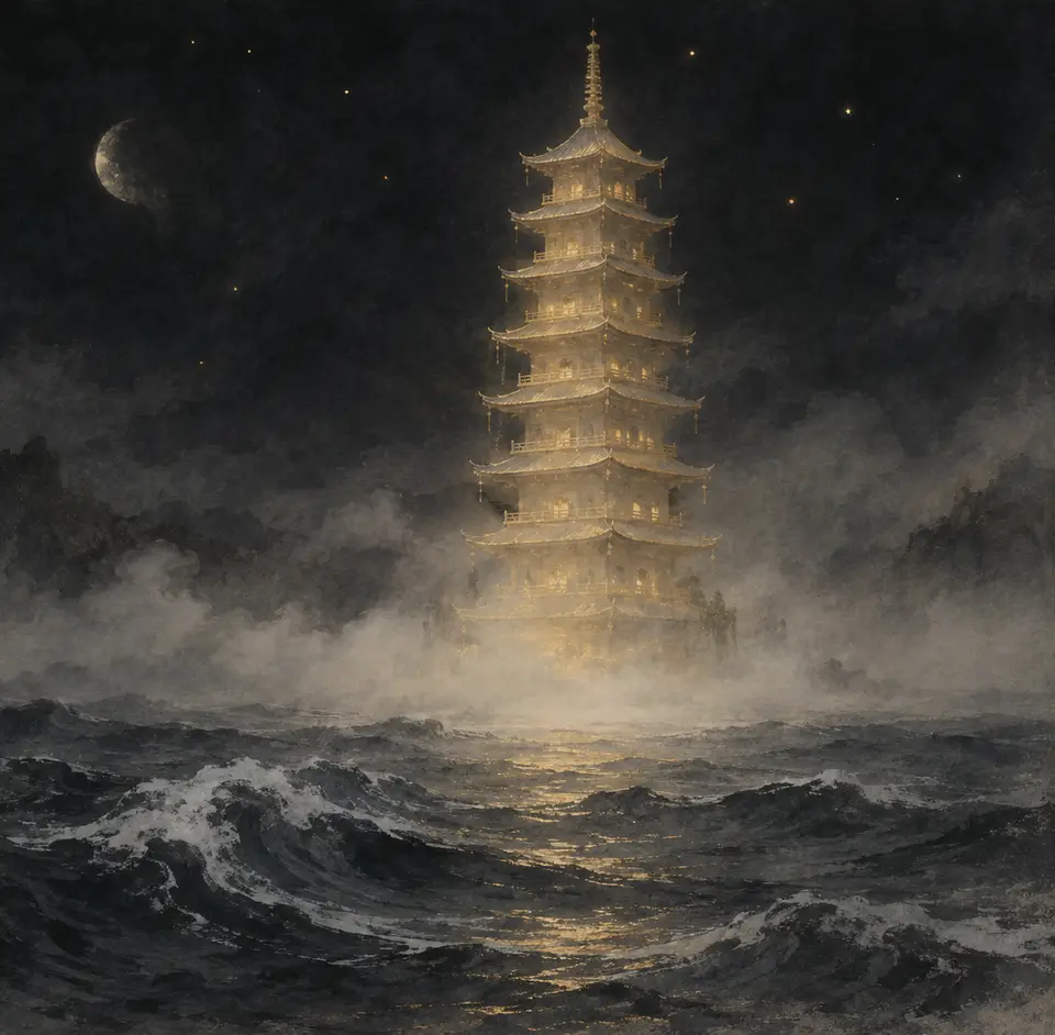 月の出た夜、荒れる海の上にそびえる金色の九層塔の絵