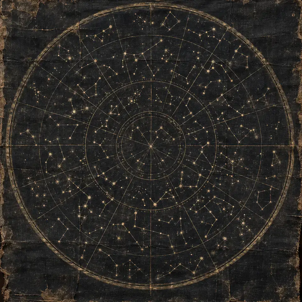 黒い布に金色で描かれた円形の星図の絵